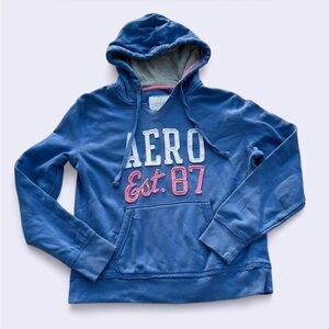 Aeropostale blue hoodie with pink accents & distressed hems